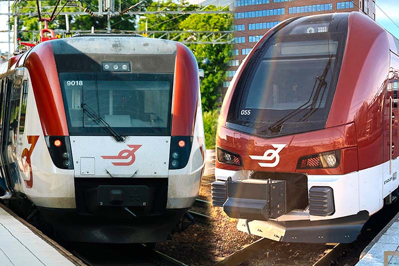 Tåg i Brgslagens olika fordonstyper - en Regina till vänster och en ER1 till höger.